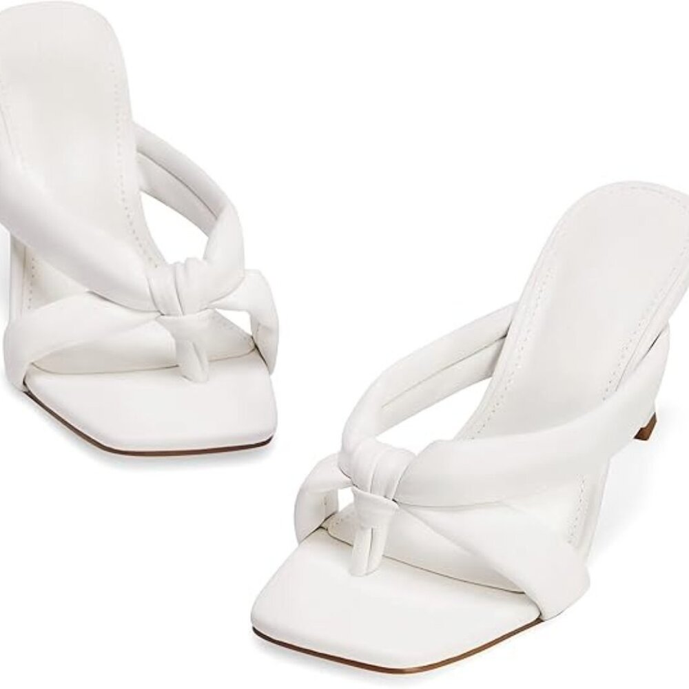 Coutgo Womens Thong Heels Mules Square Toe Heeled Flip Flops Mule Sexy Stiletto